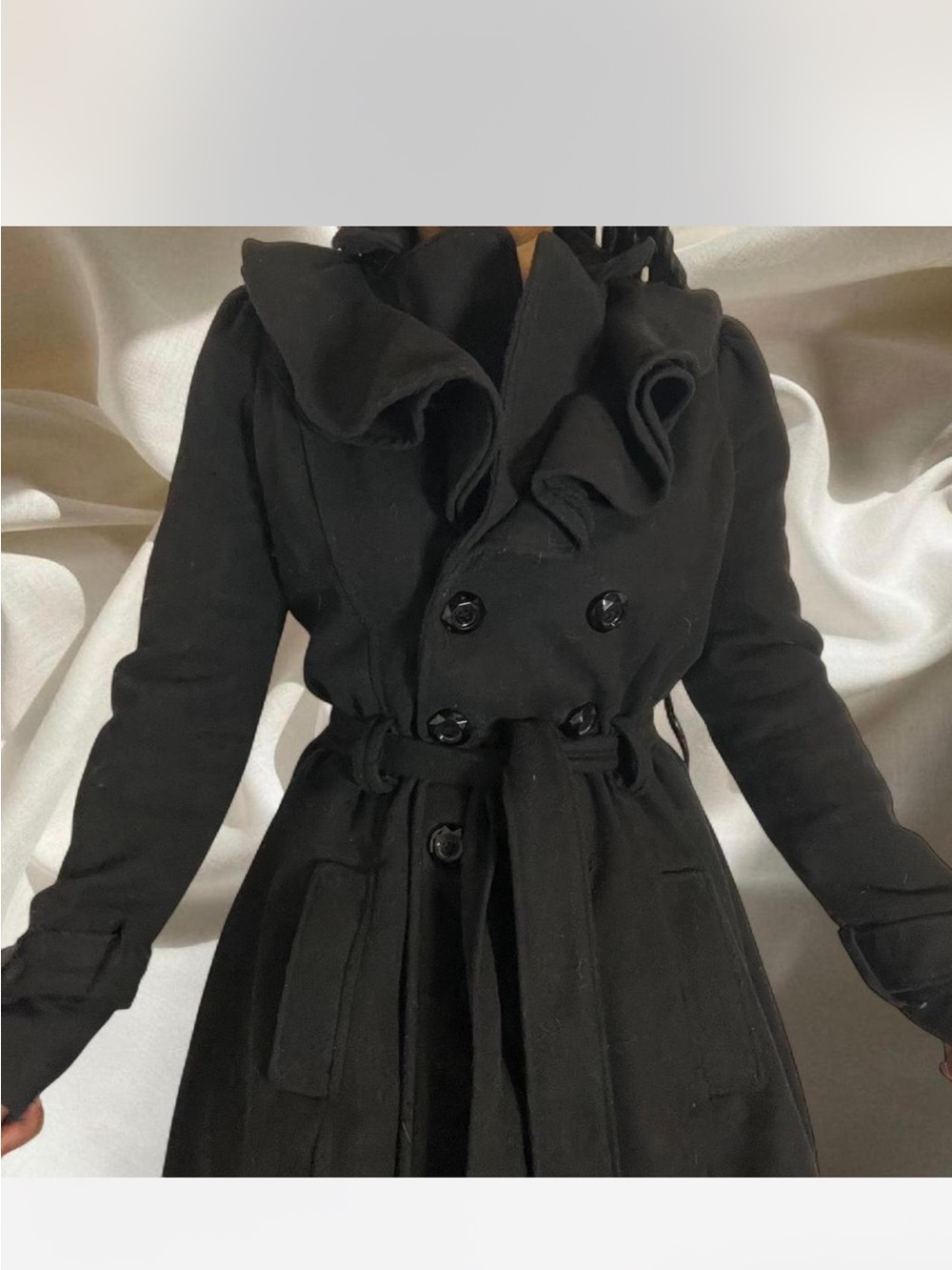 Arden B Black Ruffle-Collar Double-Breasted peacoat